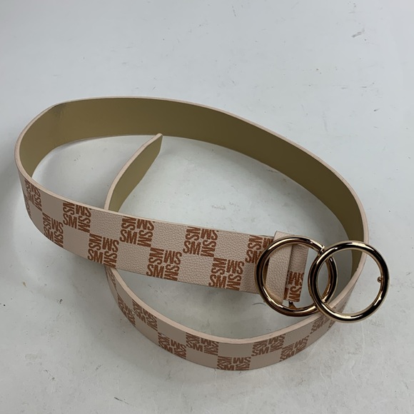 Steve Madden Logo Belt Double ring buckle Size Medium Creme Tan Gold - Picture 2 of 11